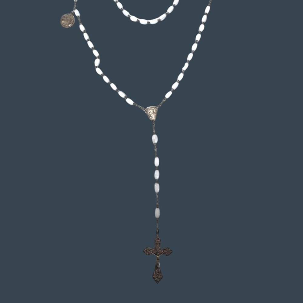 Vtg Roma Italy White Milk Glass Pearl Religious Rosary Necklace Cross Pendant